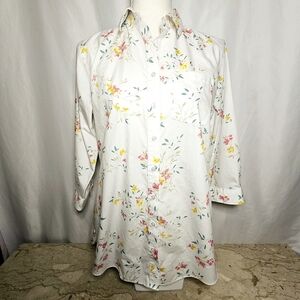 Lands' End Womens Crisp Soft White Cotton Button-up Blouse w/Flowers 8P